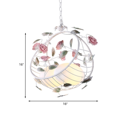 Korean Garden Egg Pendant Chandelier 2 Heads White Glass Hanging Light Fixture with Metal Bird Nest