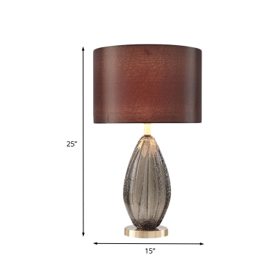 Minimalist Barrel Fabric Night Lamp 1 Bulb Table Light in Brown with Teardrop Crystal Base