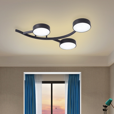 Minimalist Small Drum Flush Lighting Metal LED Bedroom Semi Flushmount in Black with Branch Design