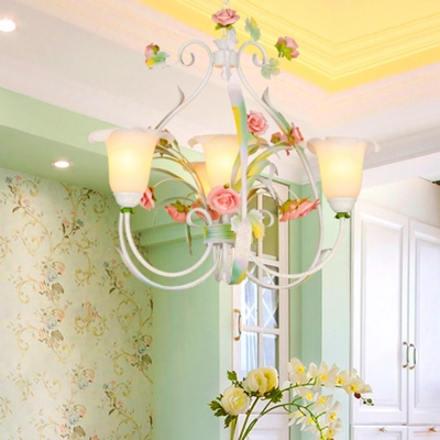 Pastoral Flower Chandelier Lighting Fixture 4/7/9 Bulbs White Glass Suspension Lamp with Metal Swooping Arm