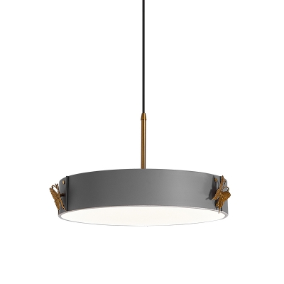 Round Hanging Ceiling Light Simplicity Acrylic 2 Heads Grey Suspension Pendant with Butterfly Deco for Living Room