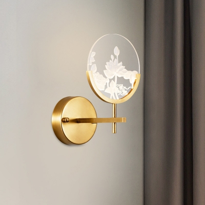 Round Panel Acrylic Sconce Light Post Modern LED Gold Wall Mount Lamp with Lotus Pattern in White/Warm Light