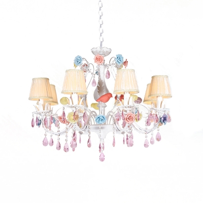 White Conical Chandelier Light Countryside Fabric 3/8 Heads Living Room Drop Pendant with Pink Crystal Accent