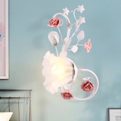White Glass Scalloped Wall Light Pastoral Style 1 Bulb Living Room Wall Sconce with Rose Design, Left/Right