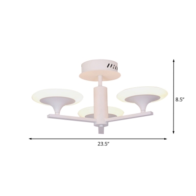 3/4 Heads Bedroom Semi Flush Mounted Light Modernism White LED Radial Flushmount with Round Acrylic Shade, White/Warm Light