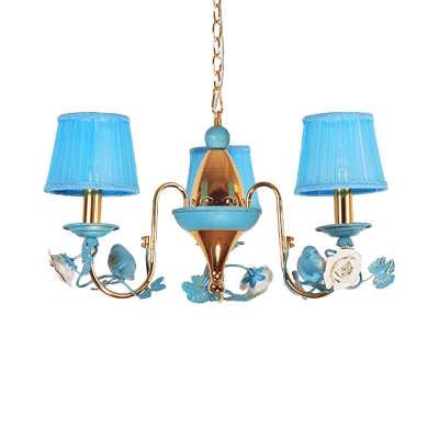 Blue 3 Lights Pendant Chandelier Korean Flower Fabric Tapered Suspension Lamp with Metal Gooseneck Arm