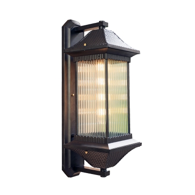 Cuboid Clear Ribbed Glass Sconce Lamp Lodges 1 Light Outdoor Wall Mount Lighting in Dark Coffee, 6