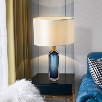Drum Nightstand Lamp Contemporary Fabric 1 Light White Night Lighting with Wine Bottle Glaze Base