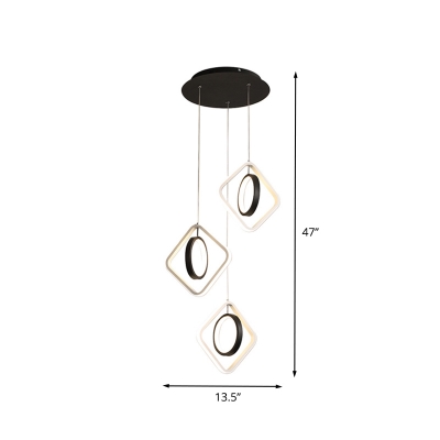 Hoop and Square Acrylic Hanging Light Simple LED Black Cluster Pendant Lamp in White/Warm Light over Dining Table