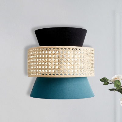Hourglass Bedroom Sconce Lamp Fabric 1 Head Modernist Wall Light Fixture in Black and Blue with Semi-Drum Rattan Deco