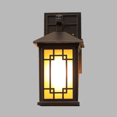 Lodges Cuboid Sconce 1-Bulb Metallic Wall Lighting Fixture in Black with Yellow Glass Shade