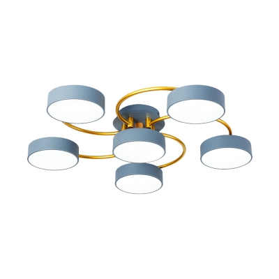 Simple Round Semi Mount Lighting Metal 6 Heads Bedroom Ceiling Light Fixture in Blue with Spiral Design