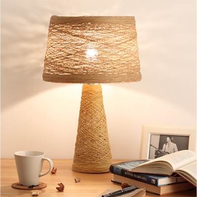 White/Tan Finish Barrel Reading Lamp Asian 1-Head Rattan Night Table Lighting for Study Room