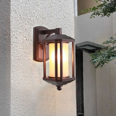1-Bulb Wall Mount Sconce Lodges Outdoor Wall Lighting Fixture with Cylinder White Glass Shade in Dark Coffee