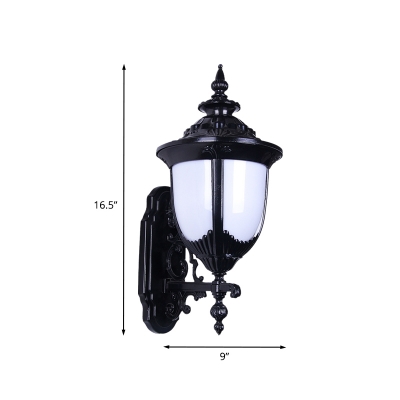 1-Head Wall Lighting Lodges Courtyard Wall Mount Fixture with Urn Milky Plastic Shade in Black