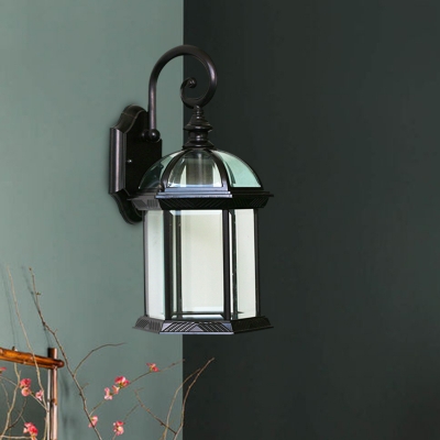 1-Light Sconce Light Fixture Country Outdoor Wall Mount with Birdcage Clear Glass Shade in Black/Bronze