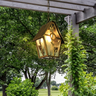 Brass 1-Light Ceiling Light Farmhouse Metal House Shape Suspension Pendant with Clear/Frosted/Ribbed Glass Shade