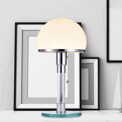 Dome Cream Glass Desk Lamp Modernist 1 Bulb Chrome Nightstand Lighting with Pull Chain