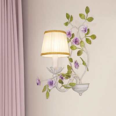 Fabric White Wall Mounted Lighting Barrel 1/2-Head Countryside Wall Sconce Lamp with Flower and Leaf Design