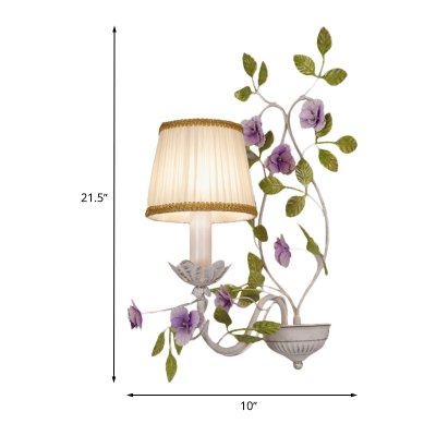 Fabric White Wall Mounted Lighting Barrel 1/2-Head Countryside Wall Sconce Lamp with Flower and Leaf Design