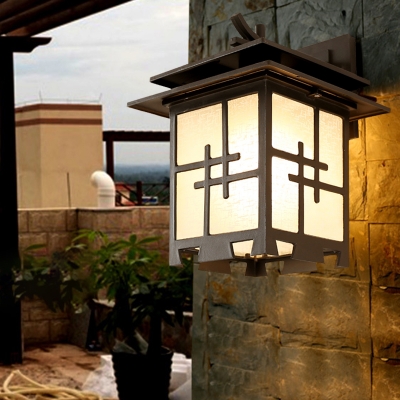 Farmhouse Square Net Wall Light Fixture 1 Light Textured Glass Sconce Lamp in Brass/Black