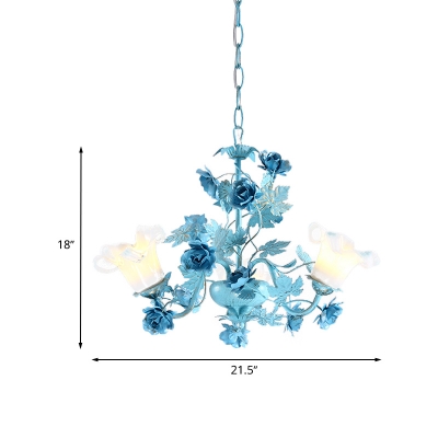 Ivory Glass Blue Chandelier Lamp Blossom 3/6 Heads Korean Garden Down Lighting Pendant for Living Room