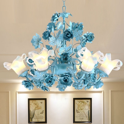 Ivory Glass Blue Chandelier Lamp Blossom 3/6 Heads Korean Garden Down Lighting Pendant for Living Room