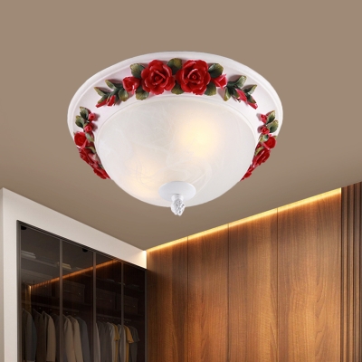LED White Glass Flush Mount Light Pastoral Red Bowl Living Room Flushmount Ceiling Lamp, 12