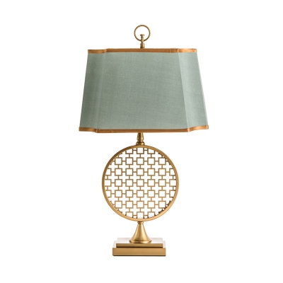 Metal Circle LED Nightstand Light Chinese Style 1 Light Gold Table Lamp with Green Fabric Shade