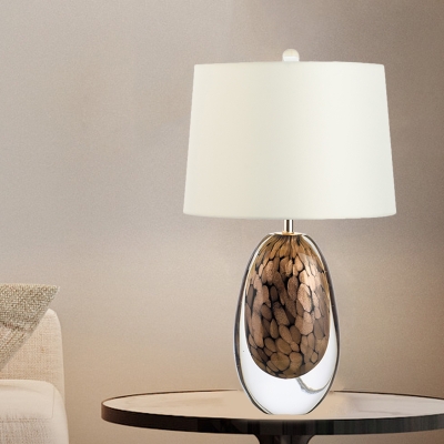 Minimalism Drum Fabric Nightstand Lighting 1 Bulb Night Table Lamp in White with Oval Glaze Base