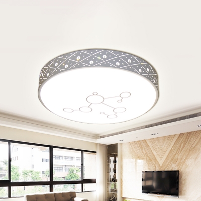 Modern Drum Flushmount Light Metal Living Room LED Ceiling Mounted Fixture in White with Hollow Out Design, White/Warm/3 Color Light