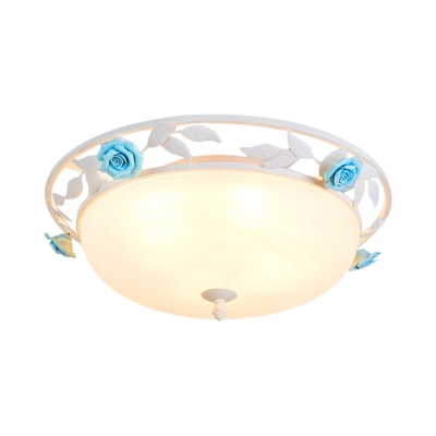 Romantic Pastoral Dome Flush Light White Glass LED Flush Mount Recessed Lighting with Blue Rose Decor
