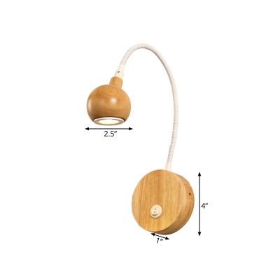 Simplicity Globe Wall Light Wood LED Bedroom Wall Sconce Lighting in White with Curved Arm