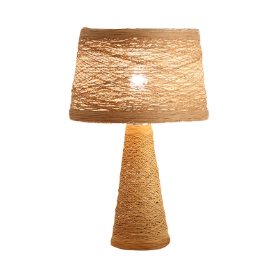 White/Tan Finish Barrel Reading Lamp Asian 1-Head Rattan Night Table Lighting for Study Room