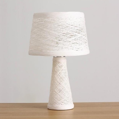 White/Tan Finish Barrel Reading Lamp Asian 1-Head Rattan Night Table Lighting for Study Room