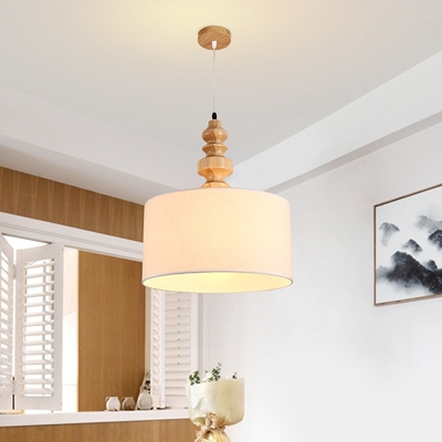 1 Bulb Living Room Hanging Light Kit Nordic White Finish Drop Pendant with Drum Fabric Shade