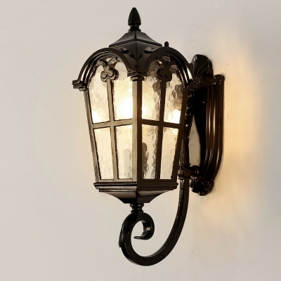 1 Light Metallic Wall Sconce Rustic Black/Brass Lantern Outdoor Corner Wall Lamp with Water Glass Shade