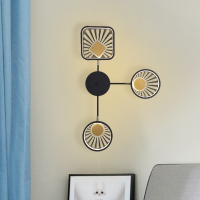 3 Lights Living Room LED Wall Sconce Modernist Black Wall Lamp with Geometric Metallic Shade