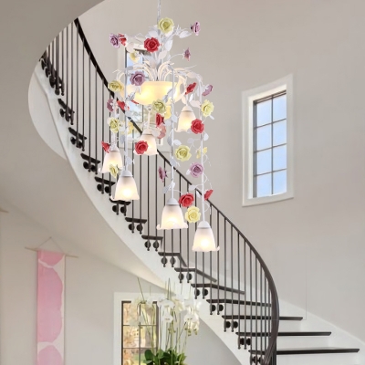 9 Lights White Glass Chandelier Lamp Countryside Multicolored Flower Stair Ceiling Pendant Light