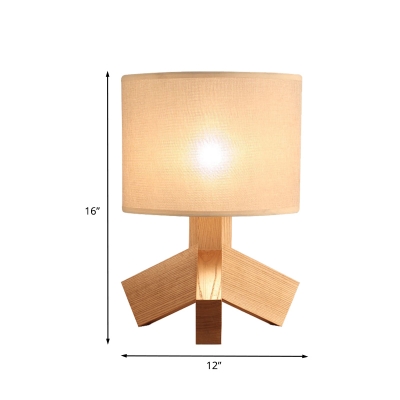 Barrel Bedroom Night Table Lamp Fabric 1-Bulb Contemporary Nightstand Light in Beige with Wood Base