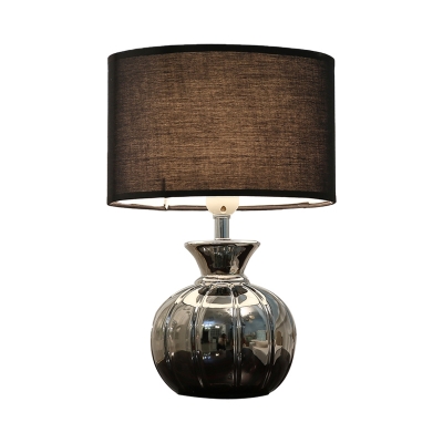 Black Drum Shaped Desk Light Minimalist 1 Bulb Fabric Nightstand Lamps with Metal Wine Pot Base