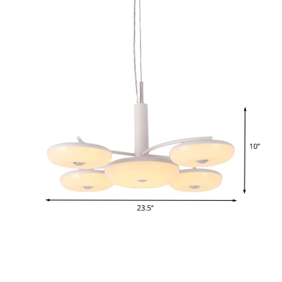 Contemporary Round Pendant Light Fixture Acrylic 5 Heads Dining Room LED Ceiling Chandelier in White