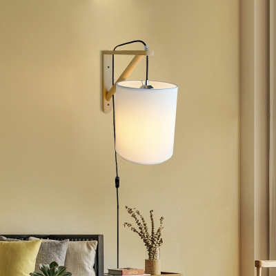 Cylinder Bedroom Wall Lamp Fabric 1 Light Minimalist Sconce Light Fixture in White with Plug In Cord