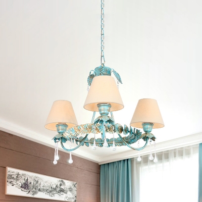Fabric Blue Chandelier Pendant Light Tapered 3/6-Head Countryside Drop Lamp with Clear Glass Drop