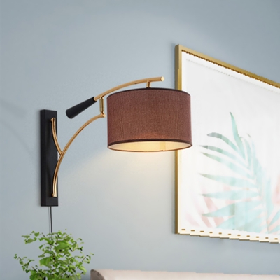 Fabric Cylindrical Sconce Lighting Modernist 1-Light Wall Mount Lamp in Coffee/Flaxen with Fishing-Rod Arm