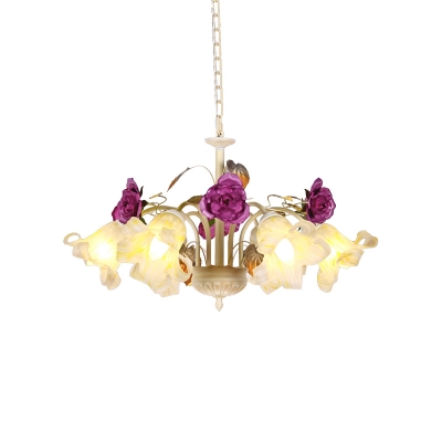 Floral Bedroom Chandelier Light Fixture Pastoral Style White Glass 3/5/6 Lights Purple Hanging Lamp
