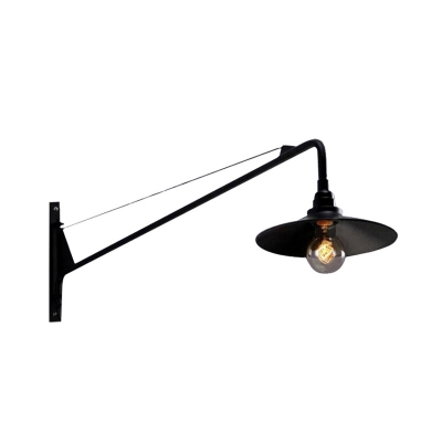Industrial Wide Flared Sconce 1 Bulb Iron Wall Mount in Black with Long Arm for Corridor
