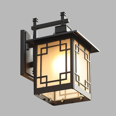 Lantern Opal Glass Wall Lighting Farmhouse 1 Head Outdoor Sconce Lamp Fixture in Brass/Black