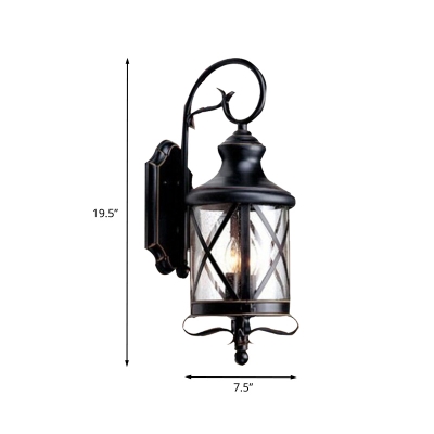 Lodges Lantern Sconce Light Fixture 1-Light Clear Seeded Glass Wall Mount Lamp in Black