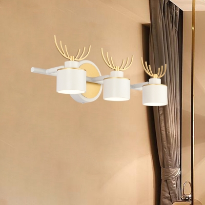 Metal Drum Wall Mounted Light Contemporary 3 Heads White Linear Sconce Lamp with Antler Deco